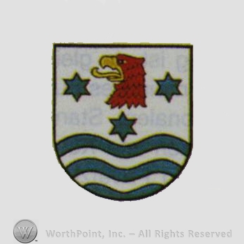 Heraldry: shield, eagle head, stars, wavy lines.