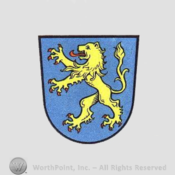 Heraldry: shield and lion rampant.