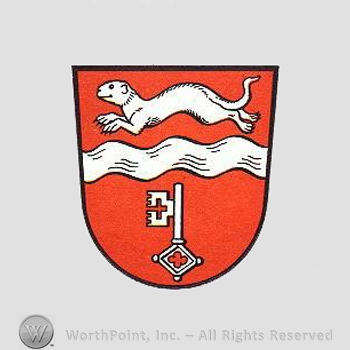 Heraldry: shield, weasel, key, wavy line.