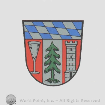 Heraldry: shield, diamonds pattern, glass, pine tree, tower.