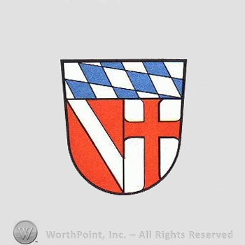 Heraldry: shield, diamonds pattern, cross, red bar.