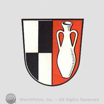 Heraldry: shield, vase, white and black rectangles.