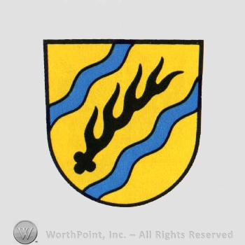 Heraldry: shield, wavy lines, antler.