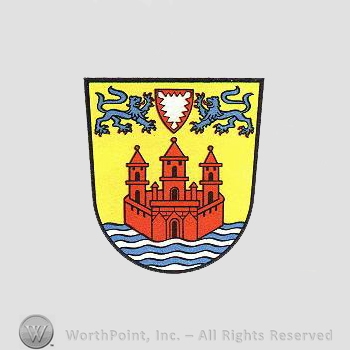 Heraldry: shield, lions, small shield, castle, wavy lines.