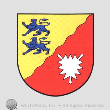 Heraldry: shield, lions, leaf.