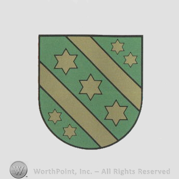 Heraldry: shield, stars, two bars.
