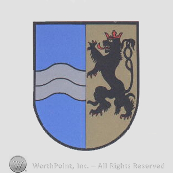 Heraldry: shield, lion, crown, wavy lines.