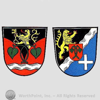 Heraldry: two shields, lions, keys, cross, leaves, wavy lines, small shield.