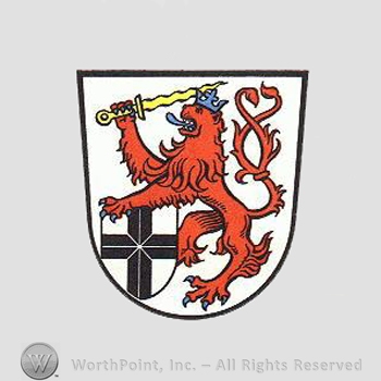 Heraldry: shield, lion, sword, cross, small shield.