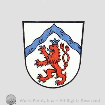 Heraldry: shield, lion, crown, wavy line.