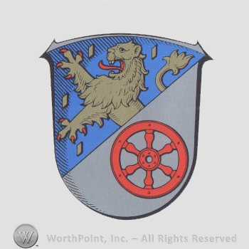 Heraldry: shield, lion rampant, wheel.