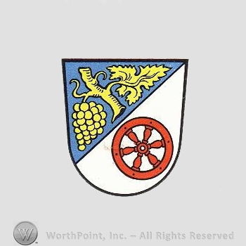Heraldry: shield, wheel, grapes.