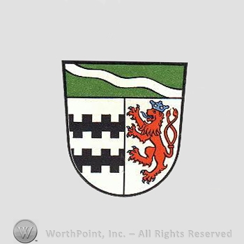 Heraldry: shield, lion, crown, twoo bars, wavy line.