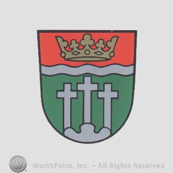 Heraldry: shield, crown, crosses, wavy line.