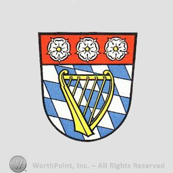Heraldry: shield, roses, harp, diamonds pattern.