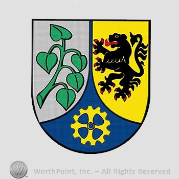 Heraldry: shield, lion, plant, gear wheel.