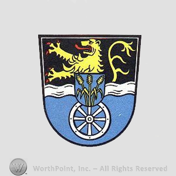 Heraldry: shield, lion, wheel, wheat spice, small shield, wavy line.