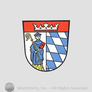 Heraldry: shield, crown, saint, diamonds pattern.