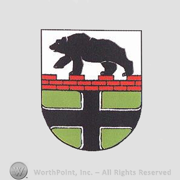 Heraldry: shield, bear, cross, brick wall.