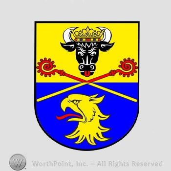 Heraldry: shield, bull head, crown, eagle head, monastery stick.