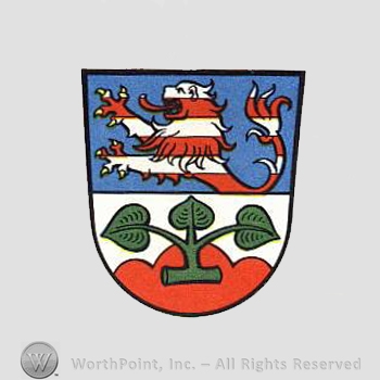 Heraldry: shield, lion rampant, plant, hills.