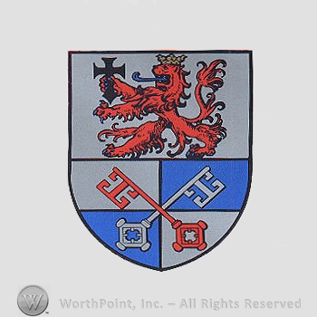 Heraldry: shield, lion, cross, crown, keys.