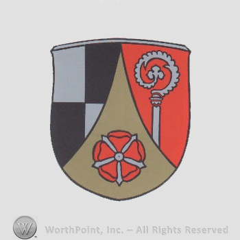 Heraldry: shield, rose, monastery stick, chequered field.