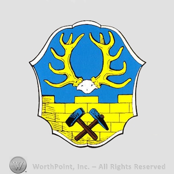 Heraldry: shield, antlers, hammers, brick wall.