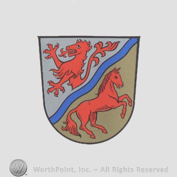 Heraldry: shield, panther, horse, wavy line.