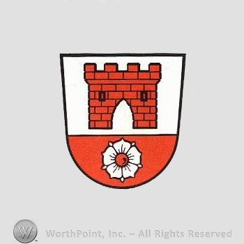 Heraldry: shield, castle tower, rose.