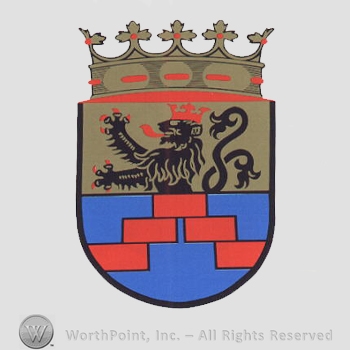 Heraldry: crown, shield, lion rampant, bricks.