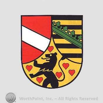 Heraldry: shield, panther, hearts, white bar, black and yellow lines.