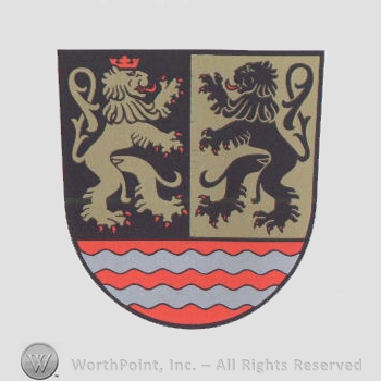 Heraldry: shield, lions, crown, wavy lines.