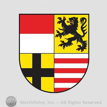 Heraldry: shield, lion rampant, cross, rectangles, red lines.