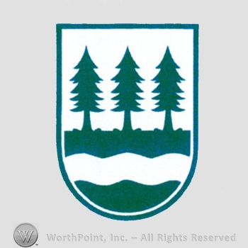 Heraldry: shield, pine trees, wavy line.