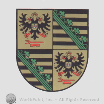 Heraldry: shield, eagles, fork, ring and crown bar, brown lines.