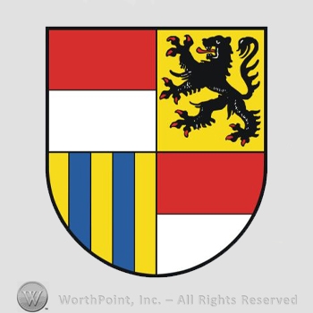 Heraldry: shield, lion rampant, rectangles, blue lines.