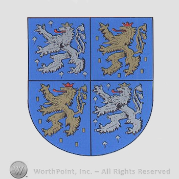 Heraldry: shield, four lions.