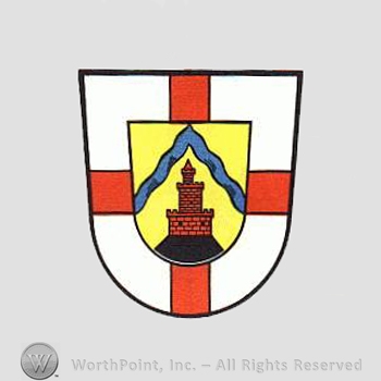 Heraldry: shield, cross, small shield, wavy line, castle.