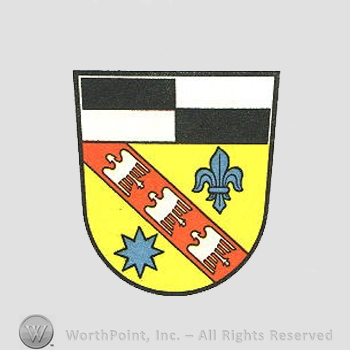 Heraldry: shield, star, fleur-de-lis, birds, black and white rectangles.
