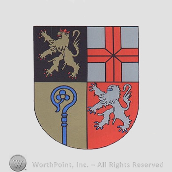 Heraldry: shield, lions, crown, monastery stick, cross.