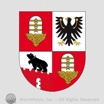 Heraldry: shield, eagle, bear, walls, salt basket.