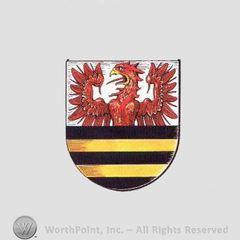 Heraldry: shield, eagle, black and yellow lines.