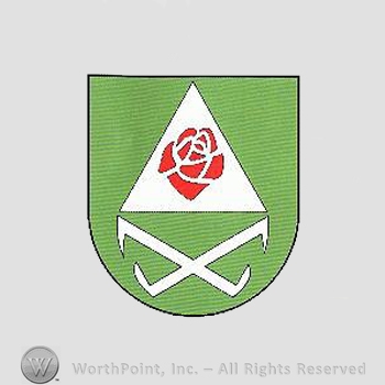 Heraldry: shield, triangle, rose, hooks.