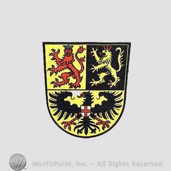 Heraldry: shield, two lions, eagle, cross.
