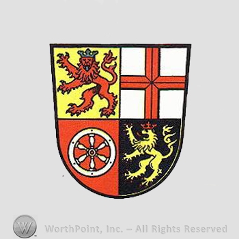 Heraldry: shield, lions, crowns, wheel, cross.