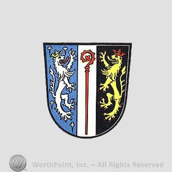 Heraldry: shield, monastery stick, lions, crowns.