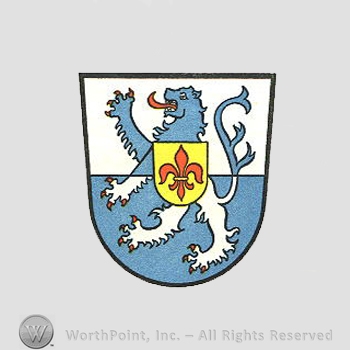 Heraldry: shield, lion, fleur-de-lis, small shield.