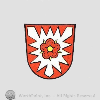 Heraldry: shield, leaf, rose.