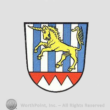 Heraldry: shield, unicorn, dents, blue lines.